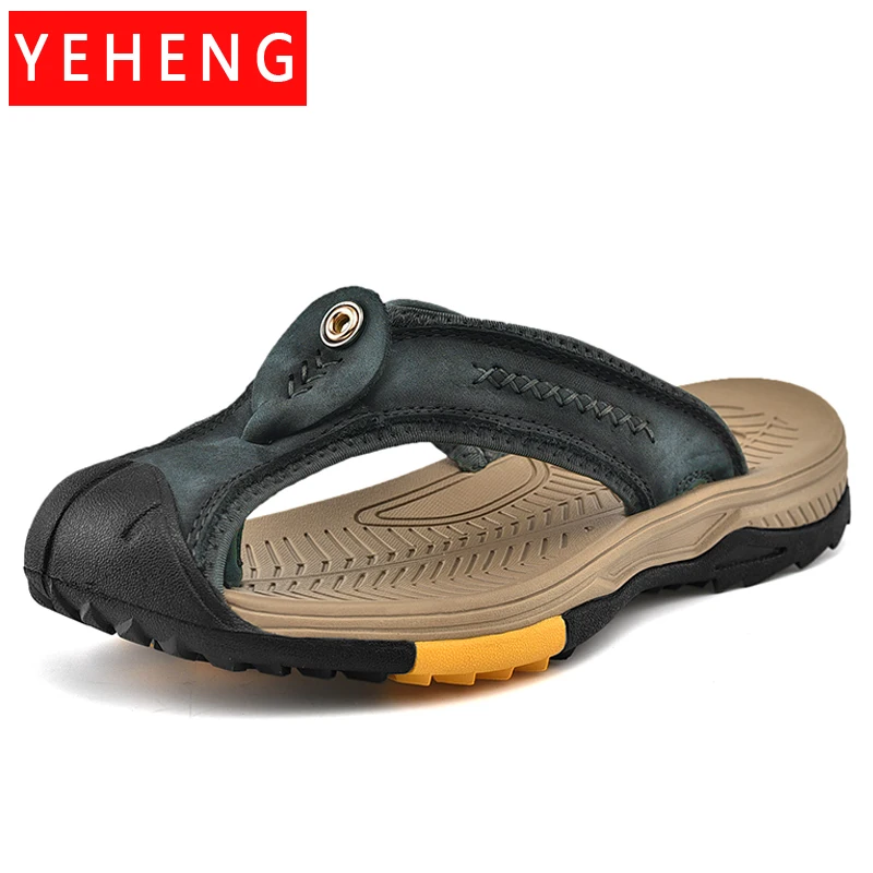

Summer Sandals Genuine Leather Flip Flops Men Classic Roman Sandals Comfortable Slipper Outdoor Casual Non-slip Beach Male Shoes