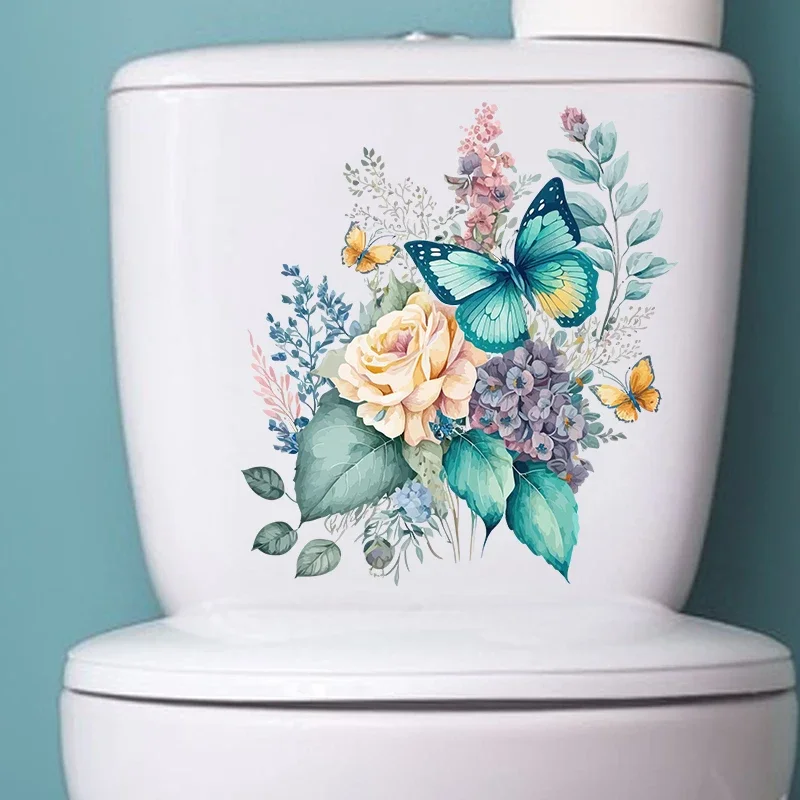 Decorative Butterflies Flowers Funny Toilet Stickers Bathroom Toilet Seat Cover Self-adhesive Vinyl Decal Home Decoration