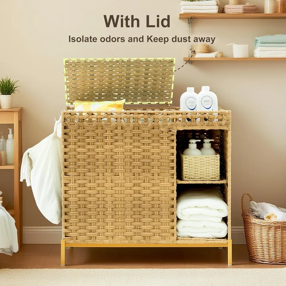 110 Liter Dual Section Rattan Laundry Hamper