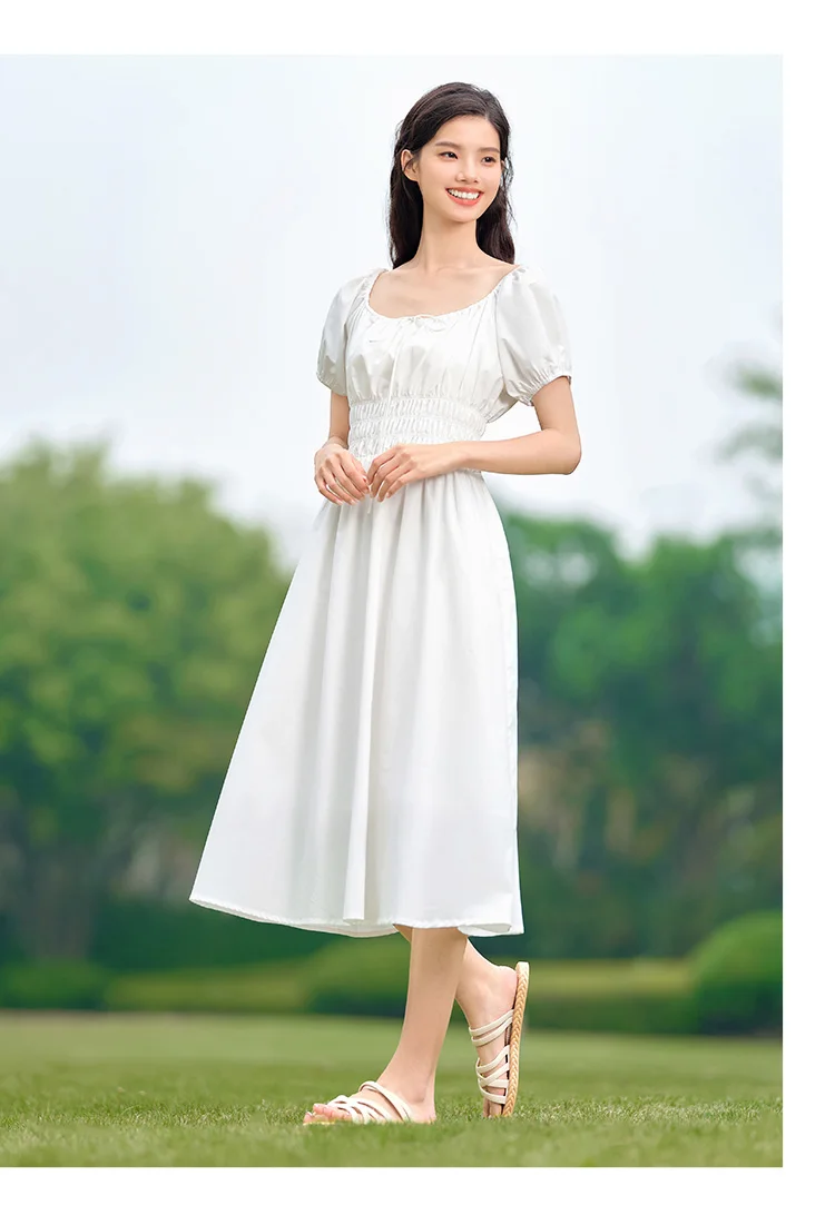 Dress Women Gentle And Elegant Summer New French-Style Square Collar Waist Cinched Mid-Length Fresh