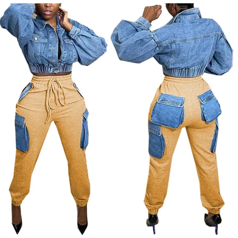 Imitation Denim 3D Pockets Cargo Pants 2023 Autumn Fashion Casual Elastic High Waist Pants Sweatpants Streetwear Lounge Wear