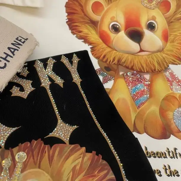 2023 Summer New Heavy Industry Crown Lion round Neck Designer Cartoon Couple New Short Sleeve