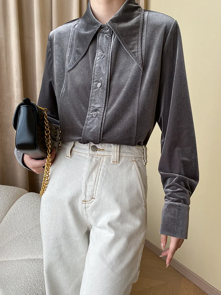 

Women Gray Velvet Elegant Big Size Blouse New Lapel Long Sleeve Loose Fit Shirt Fashion Tide Spring Autumn O681