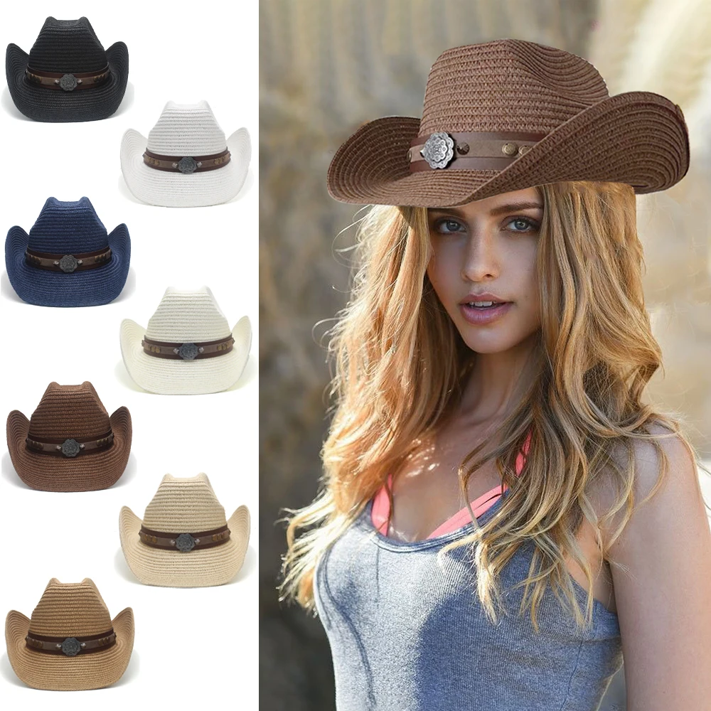 

Men Women Soft Straw Western Cowboy Hats Wide Brim Sunhat Summer Caps Sombrero Travel Sunbonnet Outdoor Beach Size US 7 1/4 UK L