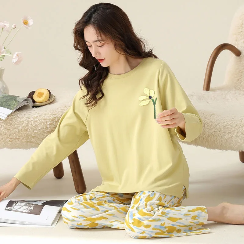 

Новинка 2024, пижама, Женская весенне-осенняя одежда для сна с длинным рукавом, свободная тонкая Домашняя одежда из чистого хлопка с круглым вырезом