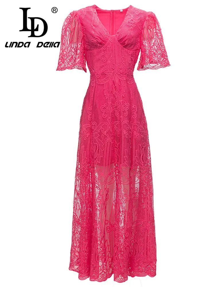 

LD LINDA DELLA летнее модное дизайнерское платье женское Красное Кружевное длинное платье с v-образным вырезом и высокой талией с принтом Вечерние