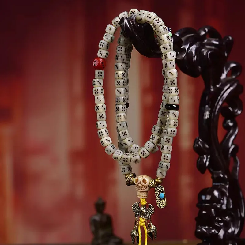 Tibetan Return 108 Buddhist Prayer Beads Multi-circle Bracelet Ox Bone Three-way Agate Material Accessories necklace 5