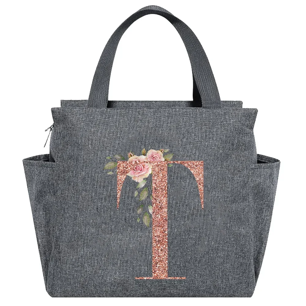Rose Gold Insulated Lunch Tote with Letter Print