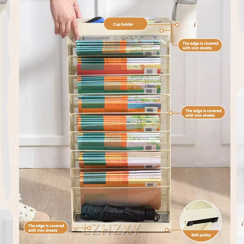 Movable Bookshelf Cart 8 Layers Large Capacity Table Side Bookcase Floor Book Rack With Drawer Wheels For Library School Student
