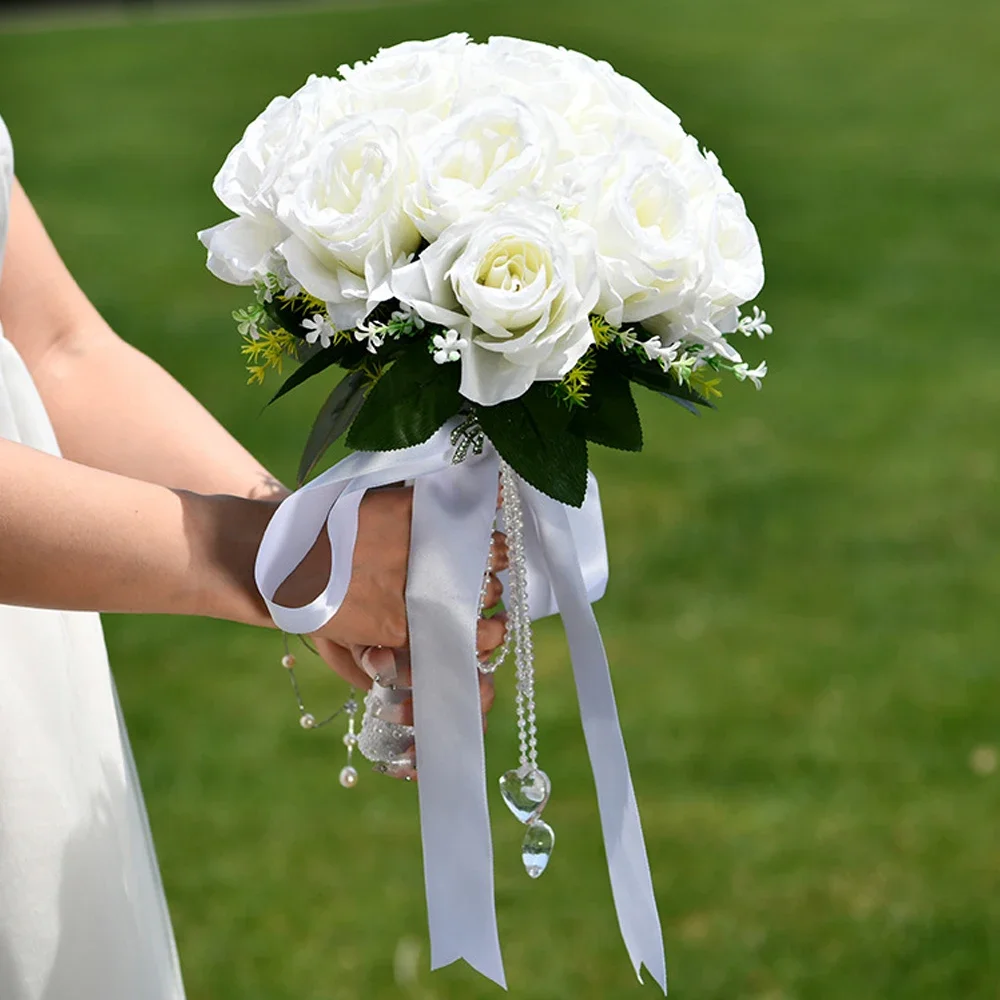 Wedding Bouquets 1PC Love Crystal Pendant Wedding Bouquets for Bride Bridesmaid White Rose Flower Bouquet
