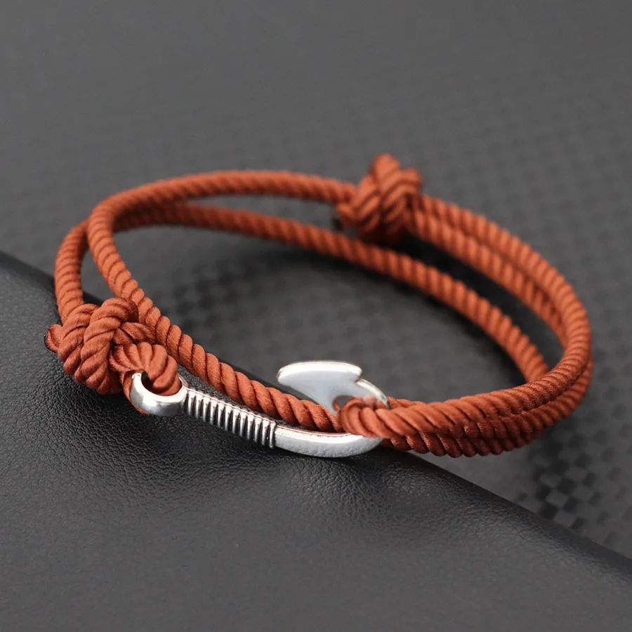 Men Adjustable Rope Bracelet With Fishing Hook Charm