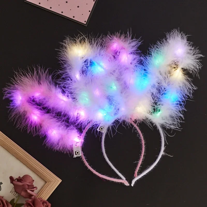 LED Feather Wreath Crown Headband Bunny Ears Headband for Women Wedding Christmas Glow Party 15cm glow headband luminous hair bands