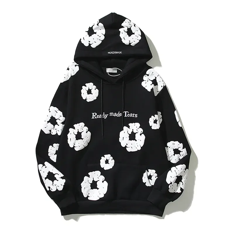 

Retro Foam Kapok Print Letter Embroidery Pullover Hoodies Men's and Women's Streetwear Oversize Fleece Hooded Sweatshirts