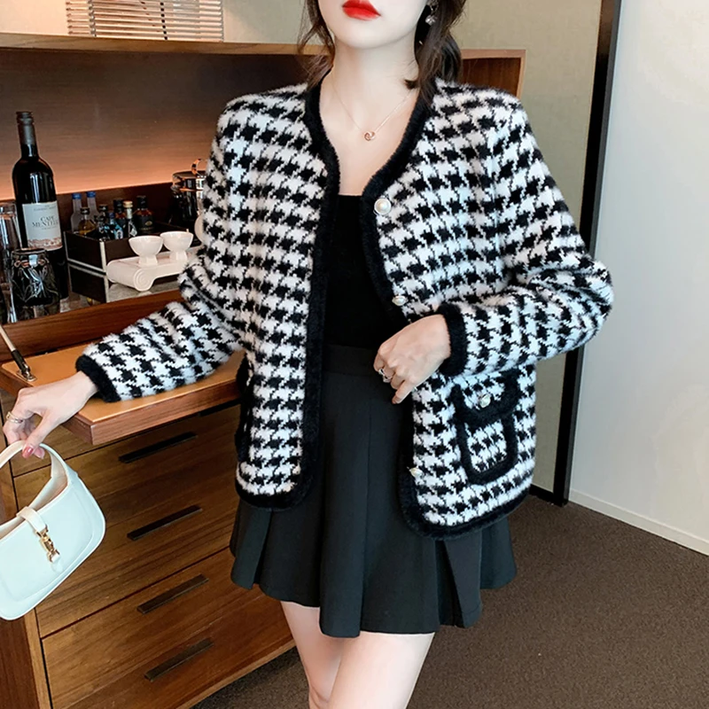 

Spring New Houndstooth Lmitation Mink Velvet Coat For Women's Short Loose Knitt Cardigan Jacket Single Breasted Outwear Female