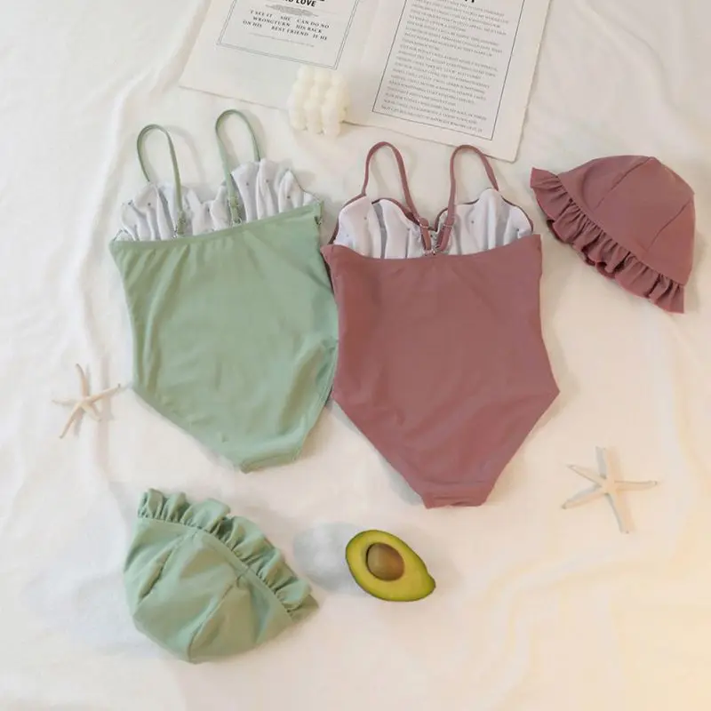 Baby Girls One Piece Swimsuit Sweet Summer Solid Pearl Swimwear Swimming Suit Children Little Girls Holiday Beach Wear Set children swimsuit
