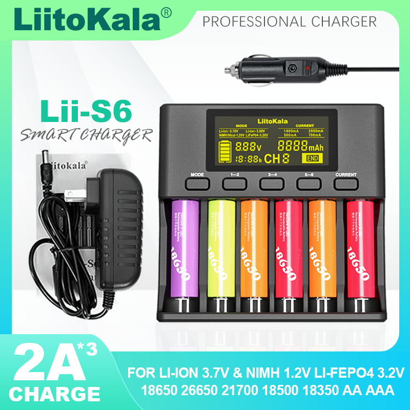 LiitoKala Lii-S6 Battery Charger 6-Slot Auto-Detect Car-Polarity for 18650 26650 21700 32650 AA AAA - Universal Battery Charging