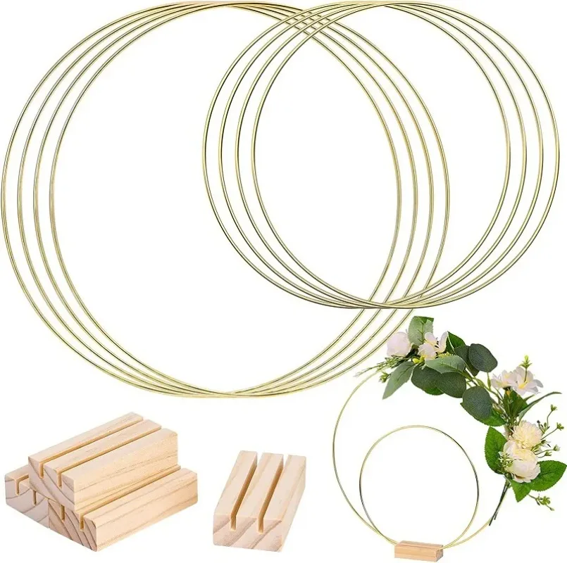 GoldMetalWreathRingHoopWithWoodenBaseHolderWeddingArtificial