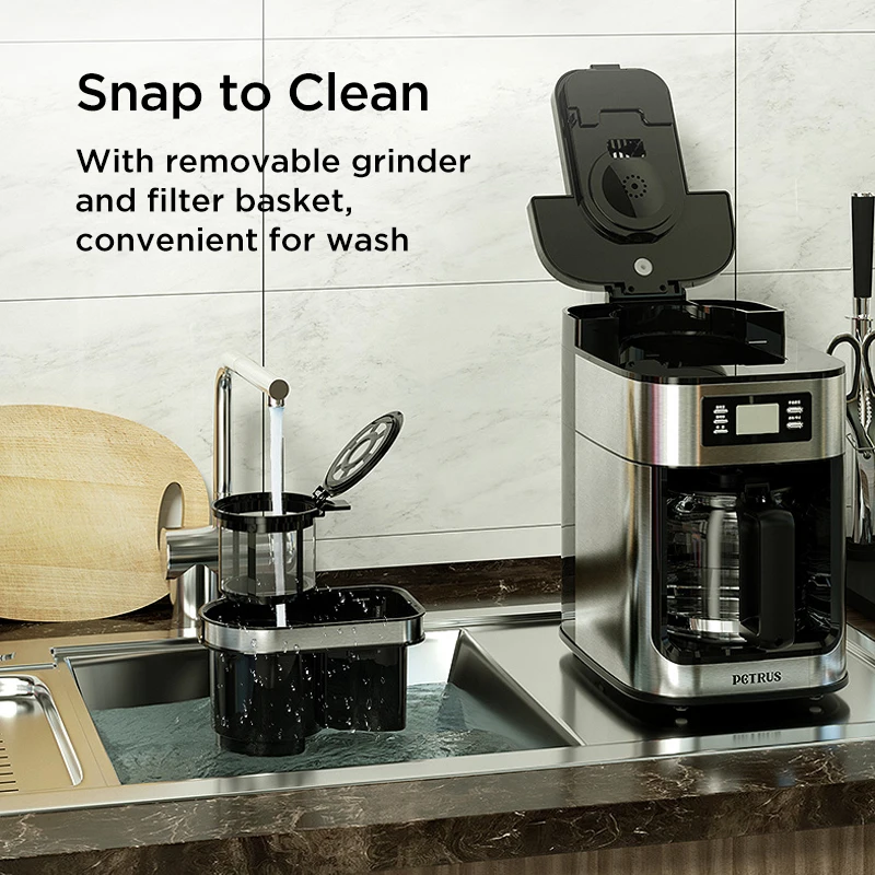 Petrus Automactic Coffee Machine Stainless Steel 10-cup Drip Coffee Maker Brew Machine With Built-In Grinder