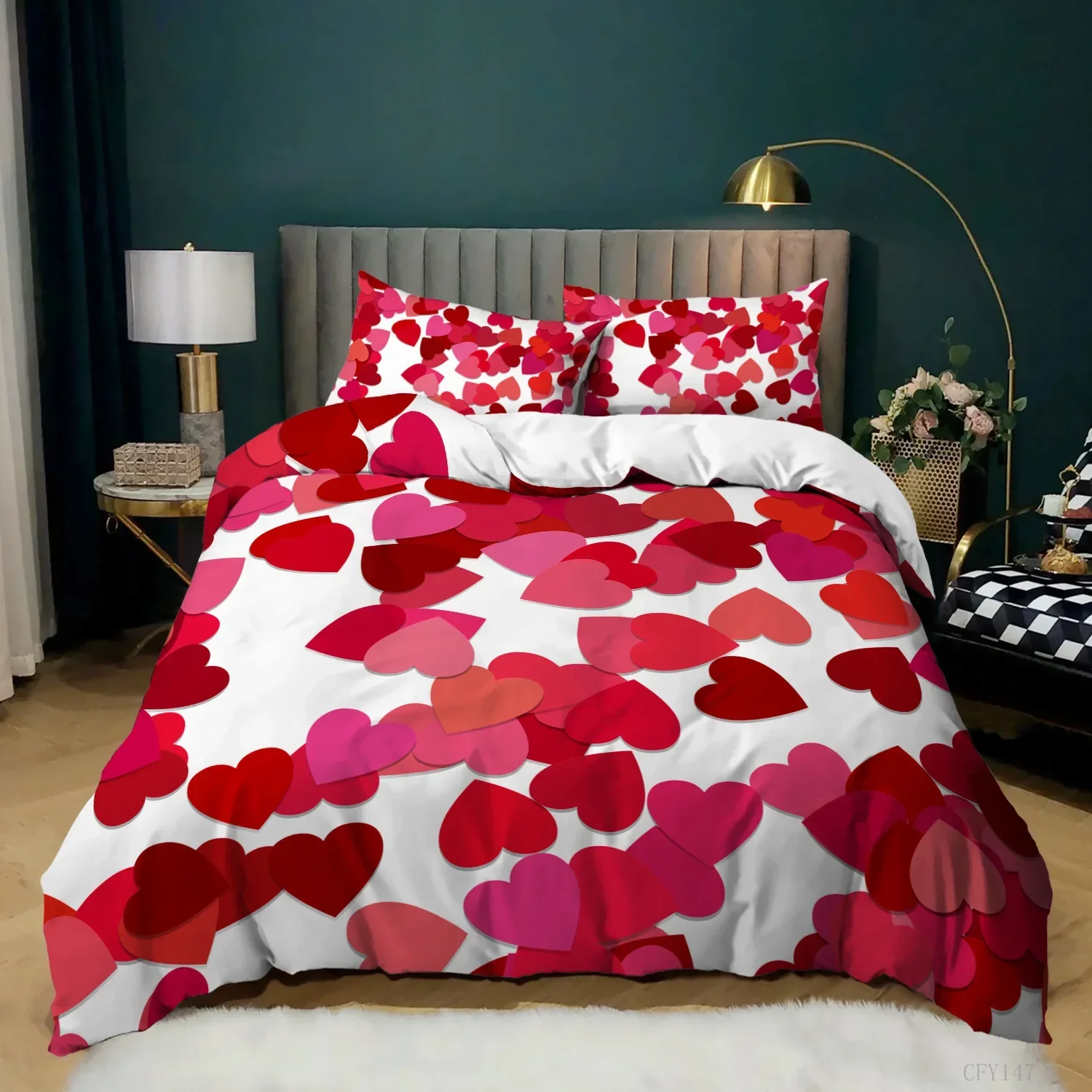 Room Decor Home Bedding Sets 2/3pcs Red Heart Printing Queen Size Pillowcase Duvet Cover Set Polyester Bedclothes
