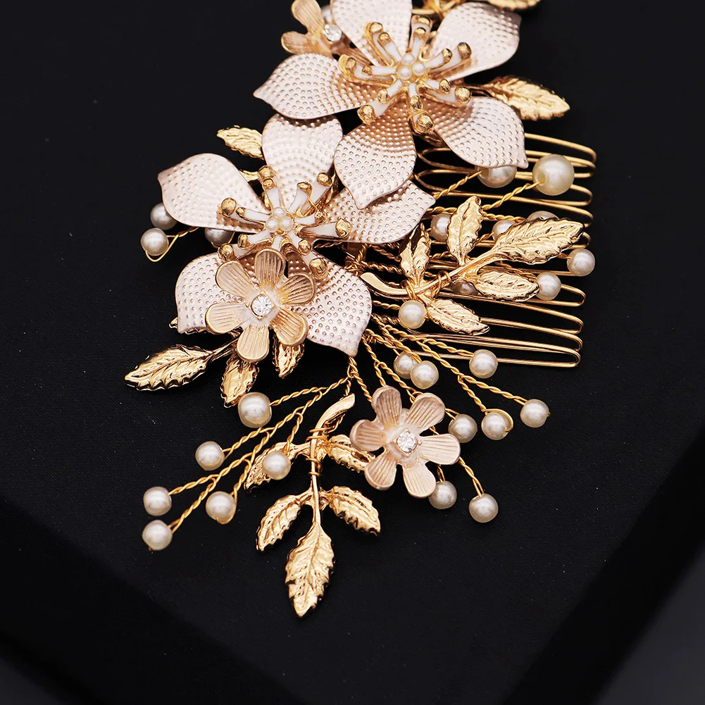 Goldene Mode handgemachte Kristall Perle Blume Haar Kamm Luxus Metall Seite Haar Clips Braut Platte Haar Kopfschmuck Schmuck – Detail 20