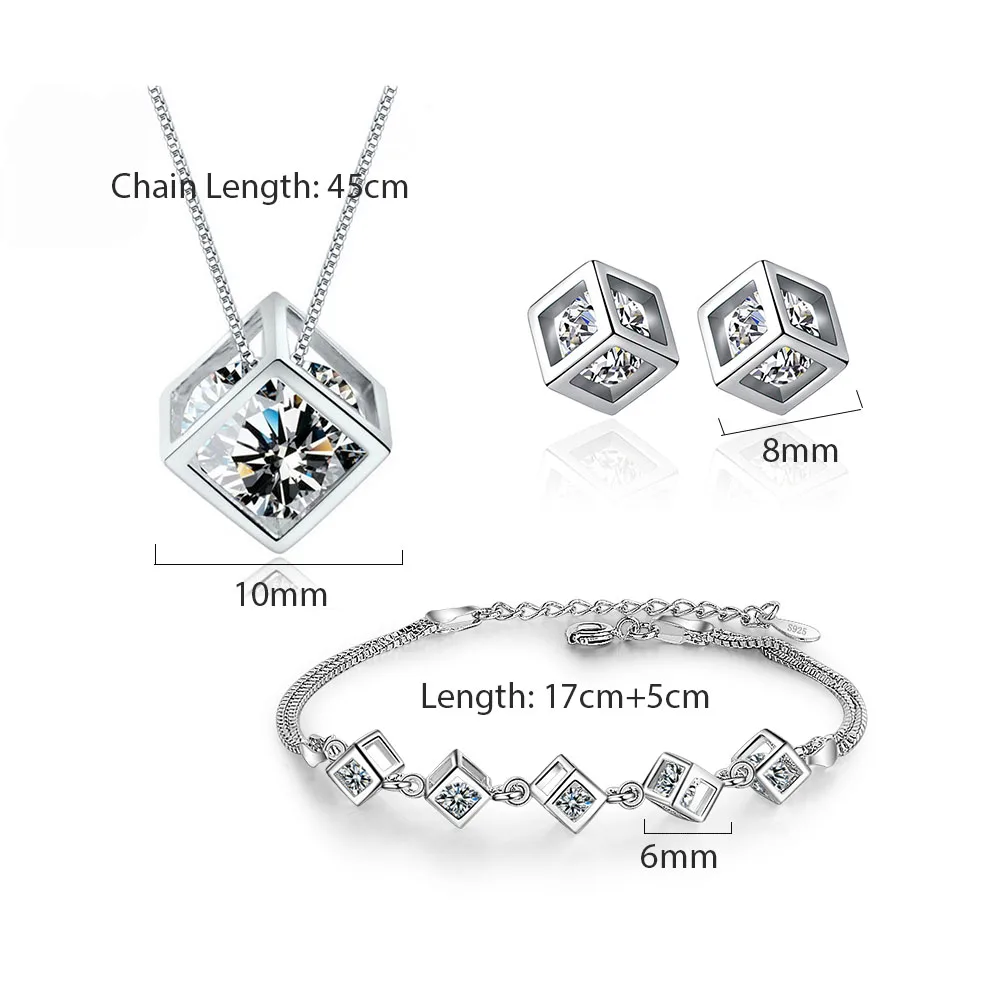 MEEKCAT 5 Style 925 Sterling Silver Jewelry Sets Zircon Square Cube Necklace+Earrings+Bracelet for Women Gift jewelry set silver jewelry set