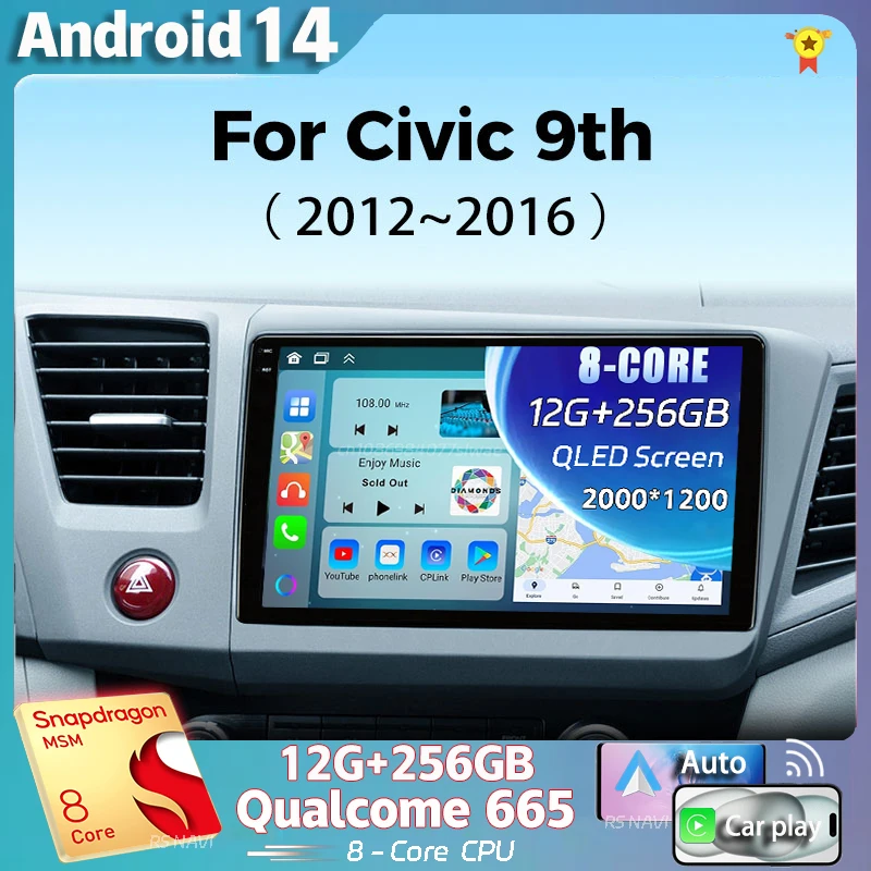 

Android 14 For Honda Civic 9 2012 2013 2014 2015 2K QLED Stereo Car Radio Multimedia Video Player GPS 4G CarPlay