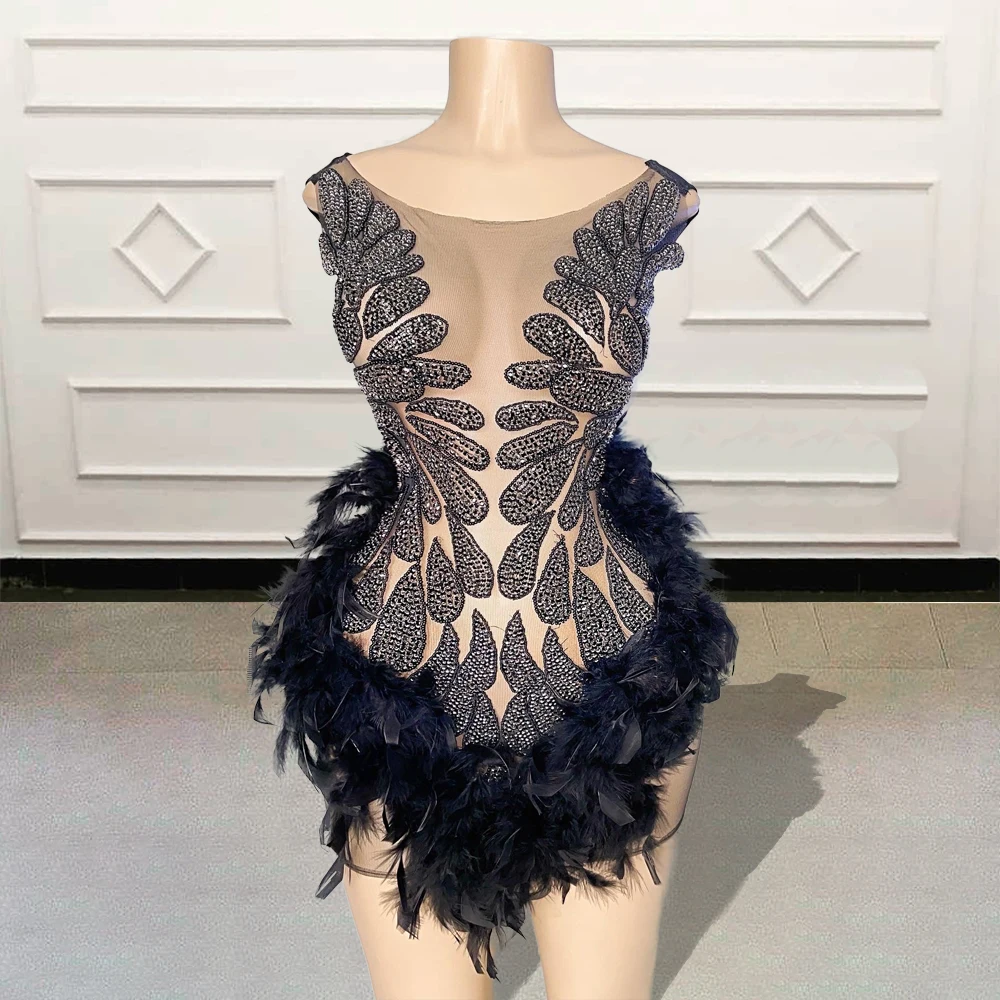 

Sexy Black Girls See Through Mini Cocktail Party Dresses Sparkly Beaded Feathers African Women Short Prom Gown for Birthday 2023