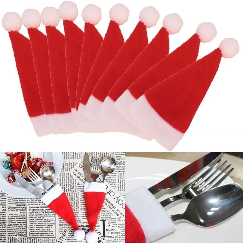 10/5pcs Xmas hat Decorations Kitchen Fork Knife Cutlery Storage Holder Bag Pocket Spoon Bags Dinner Table Decor Ornament navidad