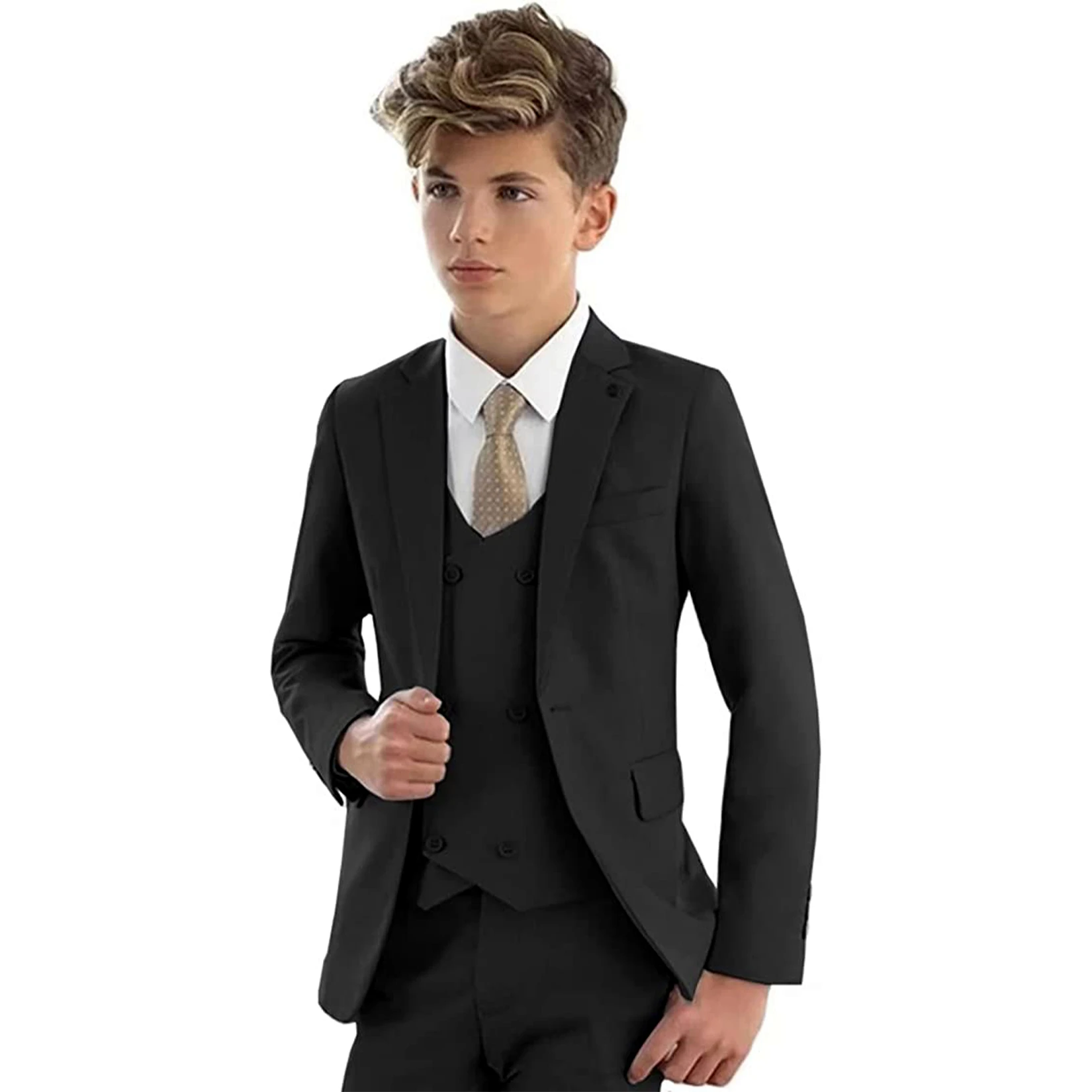 Solid 3 Piece Boys Suits for Wedding Elegant Tuxedo Kid's Blazer Vest Pants Set Notch Lapel One Button Child Prom Dress Suits