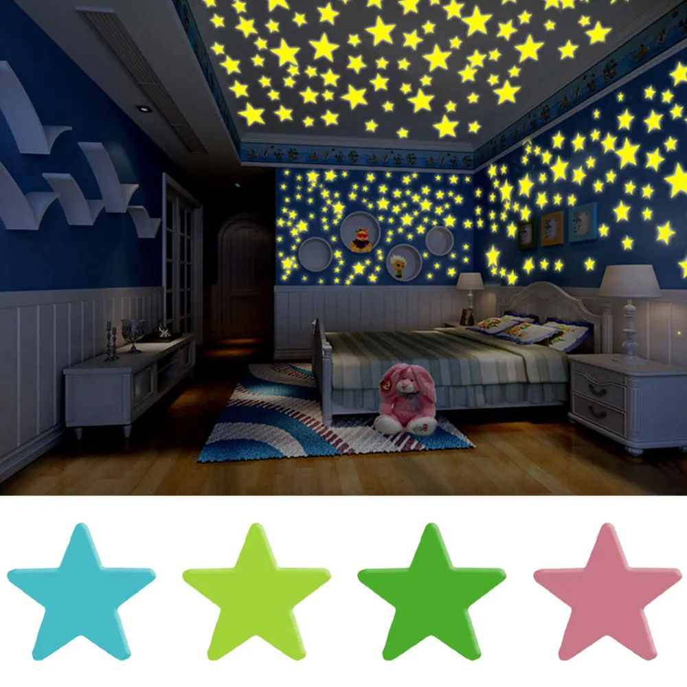 200 pegatinas 3D realistas que brillan en la oscuridad pegatinas de techo luminosas con puntos fluorescentes de estrellas y espacio lunar pegatinas de pared para decoración del hogar color mixto 