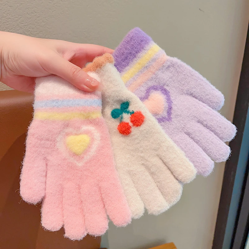 New Children Cute Knitting Cherry Heart Animals Soft Five Finger Gloves Boys Girls Outdoor Warm Gloves Kids Colors