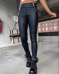 Autumn and Winter High Waist Pants Women 2023 Fashion Casual Solid Color Button PU Leather Slim Fit Hip Lifting Pencil Trousers