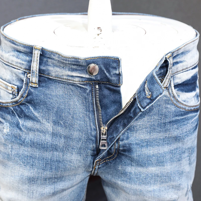 High Street Fashion Men Jeans Retro Washed Blue Elastic Stretch Skinny Fit Ripped Jeans Men Patched Designer Hip Hop Brand Pants