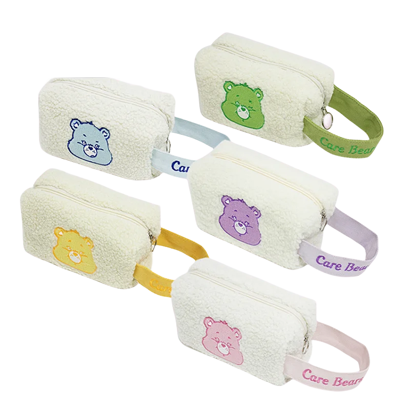 

16cm MINISO Carebear Toiletry Makeup Storage Zipper Bag Lamb Wool Embroidery Wrist Change Mobile Phone Bag Travel Portable Gifts