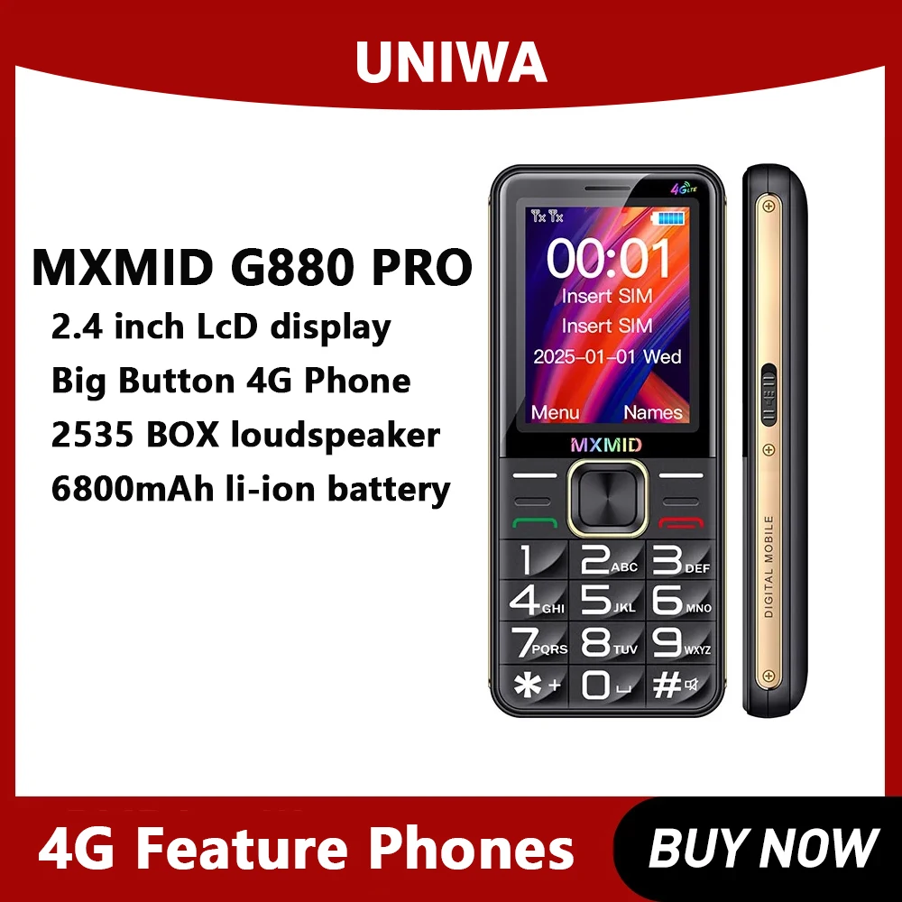 UNIWA MXMID G880 PRO 4G Feature Phone Russian Keyboard for Elder 2.4 Inch LCD  Fronts Big Volume Big Flashlight 6800mAh Battery