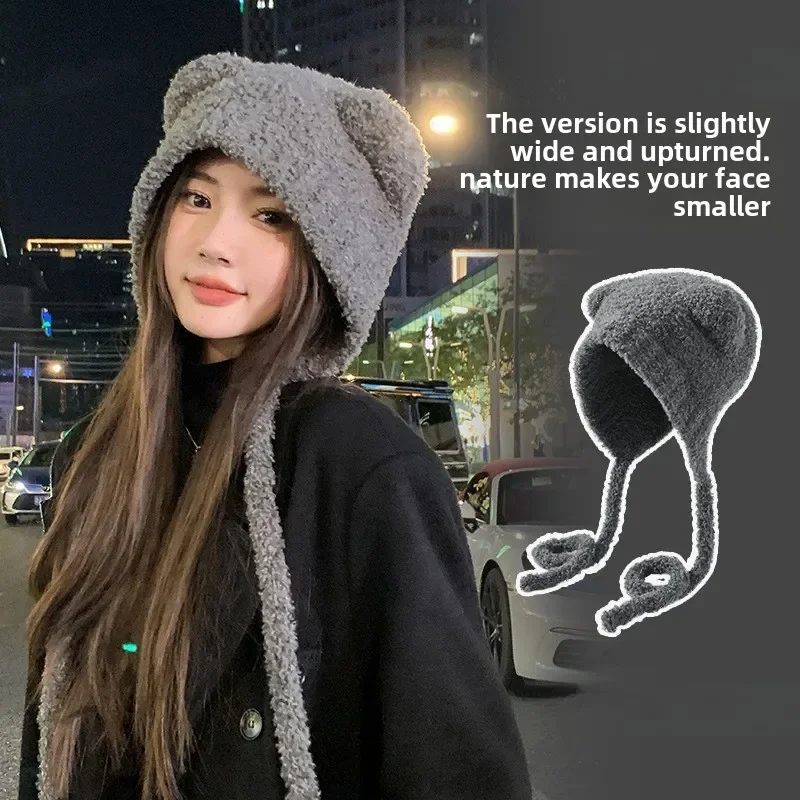 Bear Ear Knitted Wool Hat Autumn Winter Fashion Warm Lace-Up Ear Protection Cap Outdoor Women's Bomber Cap Bonnets New Year Gift