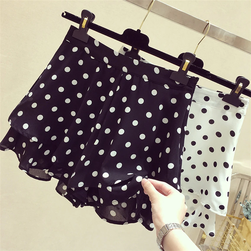 Gowyimmes 2022 Summer Big Size Girl S-2XL Wide Leg Shorts Spring Women Dot Chiffon Shorts Elastic Waist Shorts Outwear Hot P1208 short shorts