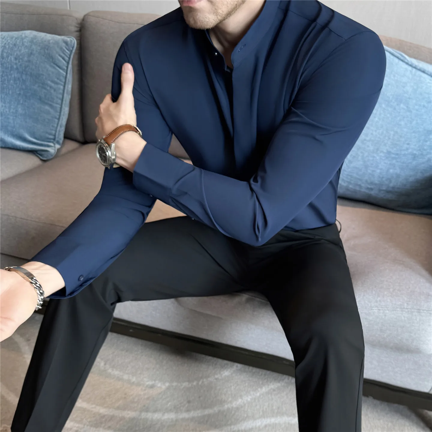 Camisas De Hombre Stand Collar Luxury Shirts For Men Quality Camisa Masculina Stretch Slim Fit Mens Dress Shirts Formal Clothes