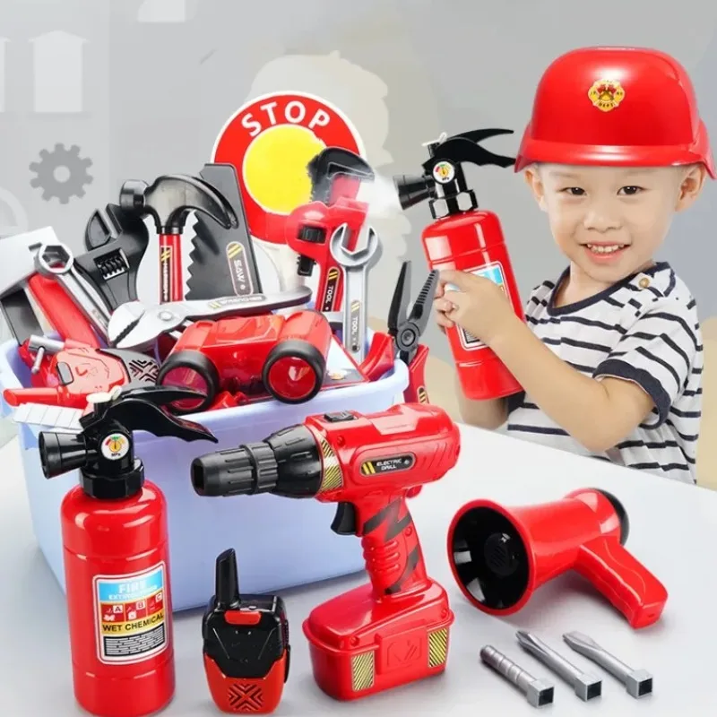 Children Firefighter Cosplay Set Kid Pretend Play Puzzle Enlightenment Simulation Maintenance Box Fire Safety Knowledge Learning