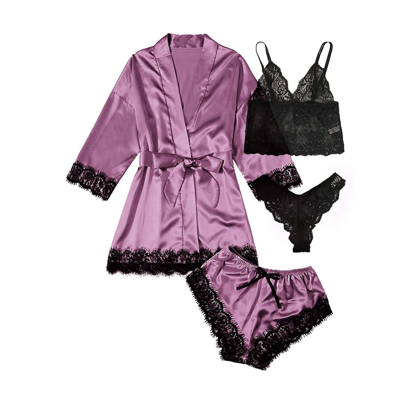 Damesmode Pyjama Print Sexy Kant Trim Kunstzijde Satijn Pyjama Set Jurk Huidvriendelijk Comfort Loungewear Sexy Pyjama's_voghion.com