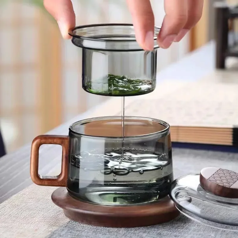 Tea Infuser Cup 200ml Heat Resistant Glass Teacup with Filter and Wood Handle Coaster Office Tea Separation Mug Kung Fu Set insulated tea cup tea cup