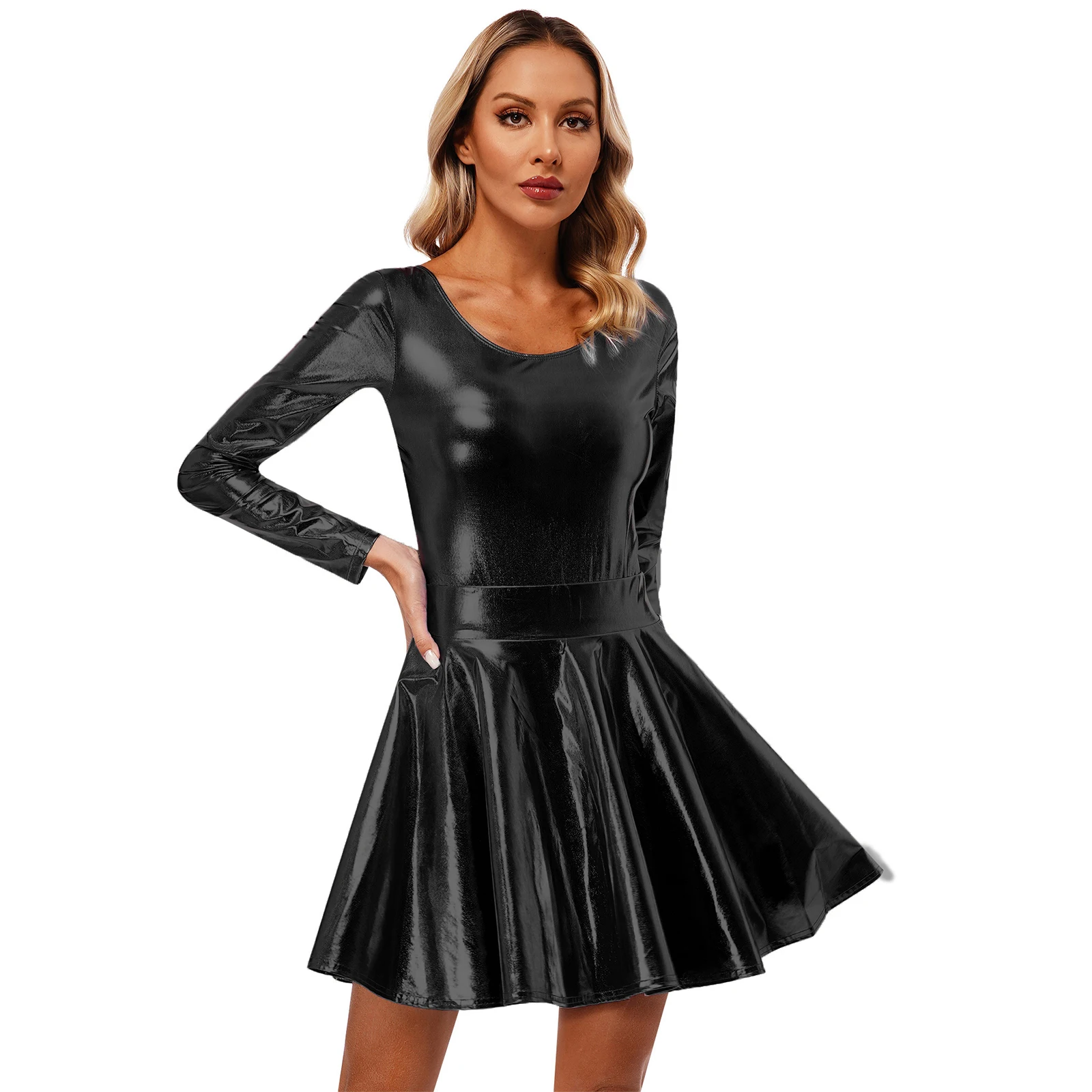 Damen glänzend metallisch Langarm Rundhals Trikot mit hoher Taille Flare Rock Party Musik Festival Tanz Performance Clubwear – Detail 35