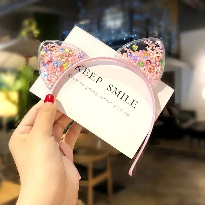 여자아이들 귀여운 반짝이 스팽글 고양이 귀 머리띠 달콤한 머리 장식 헤어밴드 공주 선물 헤드웨어 어린이 패션 헤어 액세서리