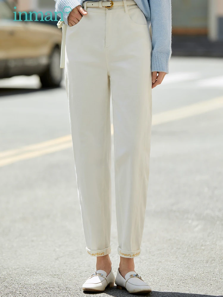 INMAN Women Pants 2023 Autumn Middle Waist Straight Long Trousers Simple Minimalist Basic Fashion Casual White Khaki Pants