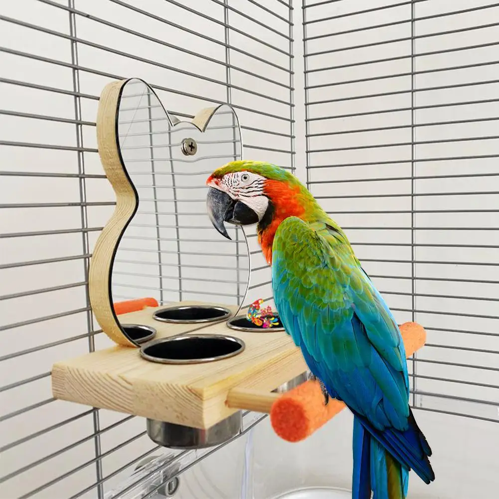 Parrot Mirror Toy with Stainless Steel Feeding Cups Bird Wooden Frames with Cage Perch for Macaw African Greys Budgies Parakeet