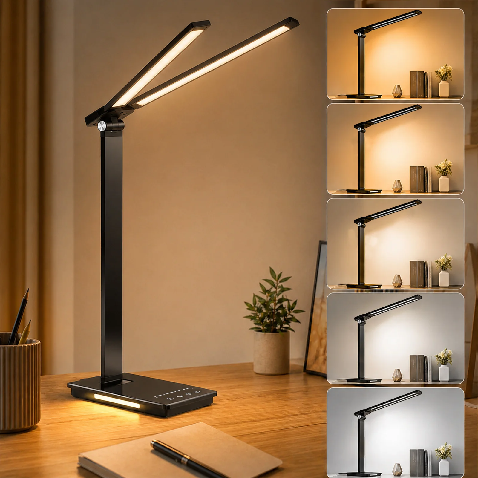Lue's House Double Head LED Desk Lamp 13W USB Power 88 LEDs Foldable Reading Light 5 Color Modes Dimmable 3000K-6000K Portable Table Lamp Adjustable Eye-Caring for Home Office Study Bedroom Dorm Living Room - Image 1