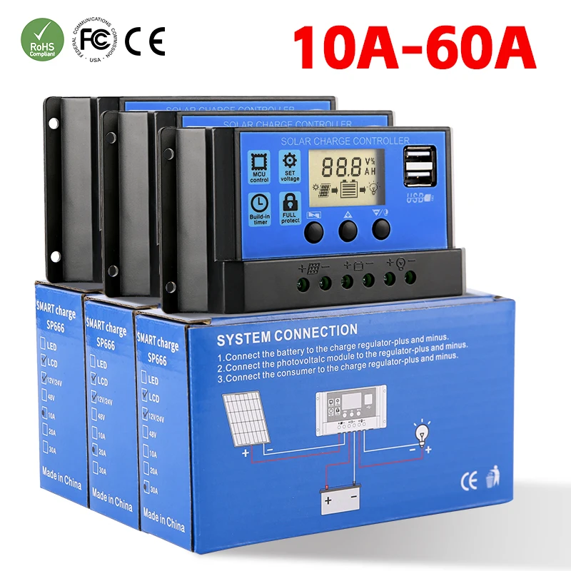 Pwm Solar pv Controlador de Carga e Descarga Auto Lcd Regulador com Dual Usb 60a 50a 40a 30a 20a 10a 12v 24v