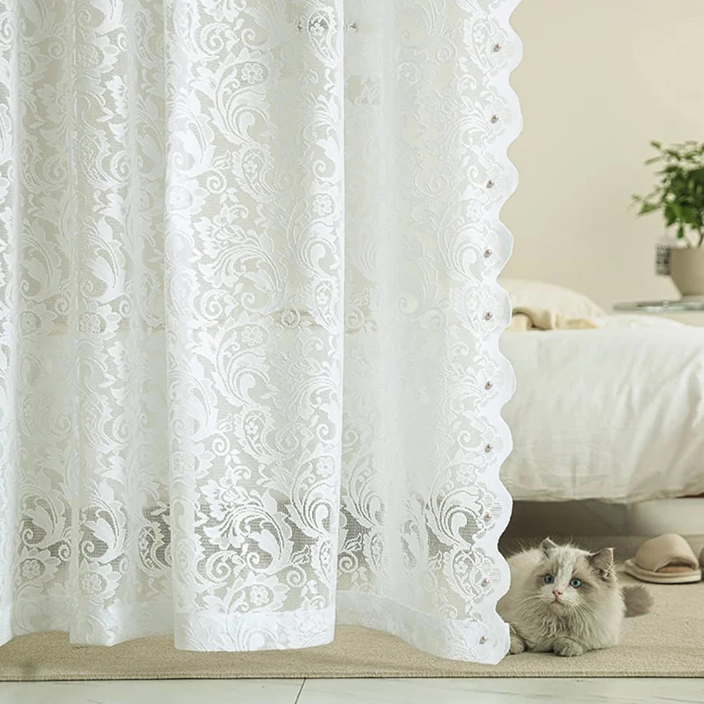 Cortinas de tul blanco de princesa para sala de estar, dormitorio, encaje transparente claro con perlas, elegante, transparente, decoración del hogar