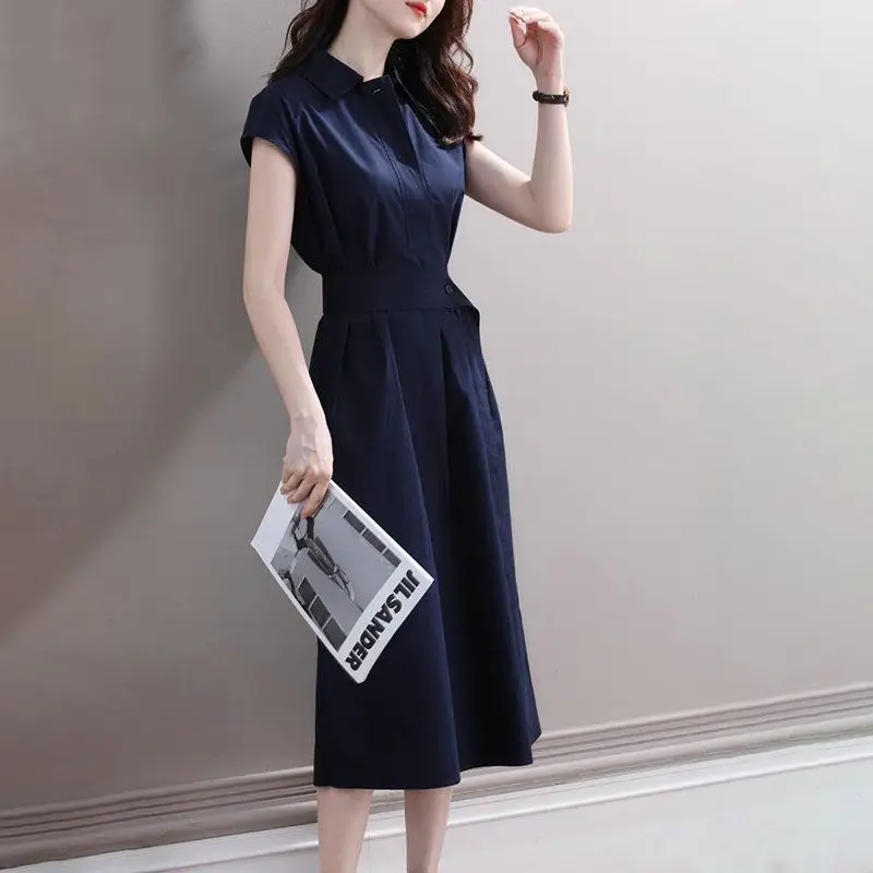 

2024 Summer Women's Slim Sashes Midi Dress Korean Office Lady Graceful Blue Polo Collar Knee-Length Dresses New Fashion Clothing