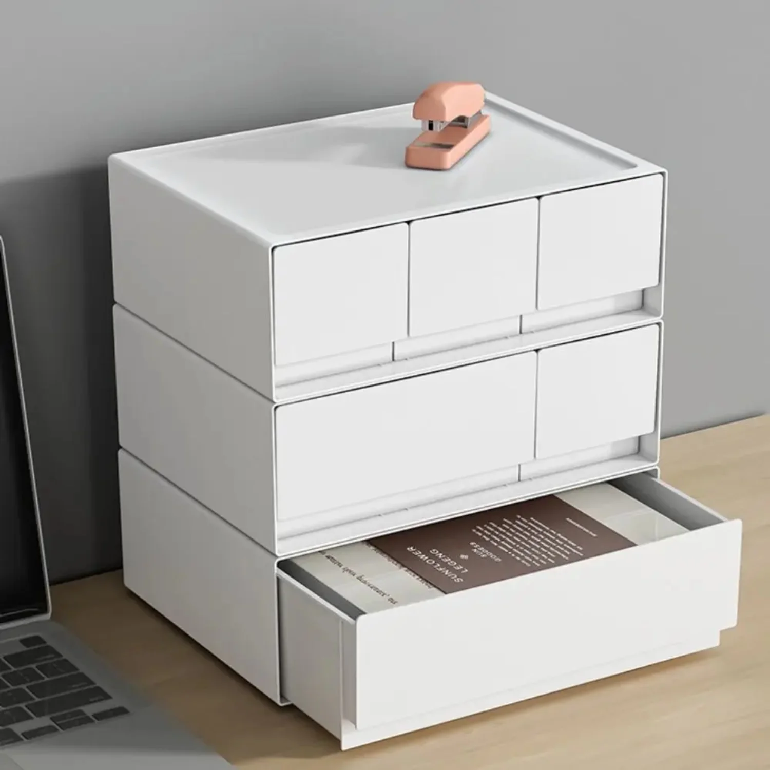 Simple White Desktop Organizer Drawer Office Cosmetic Stationery Box Stackable Desk Space Saving Organizer